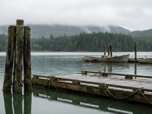 Old wooden pilings and a floating dock in a calm harbour, small unmarked boats and forested hills under low cloud.